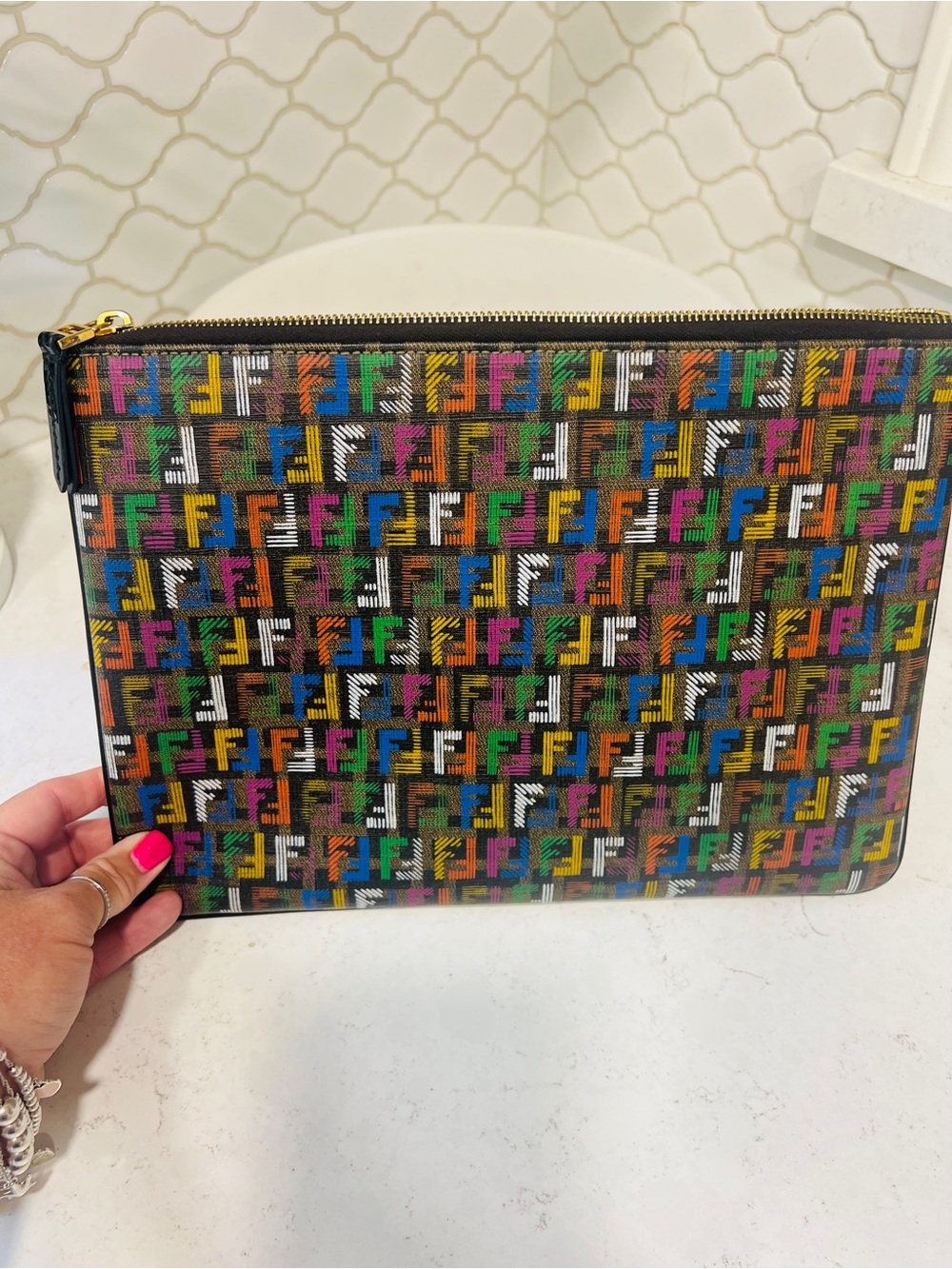 Fendi Rainbow Zucca Logo Zip Pouch in Multicolor and Brown